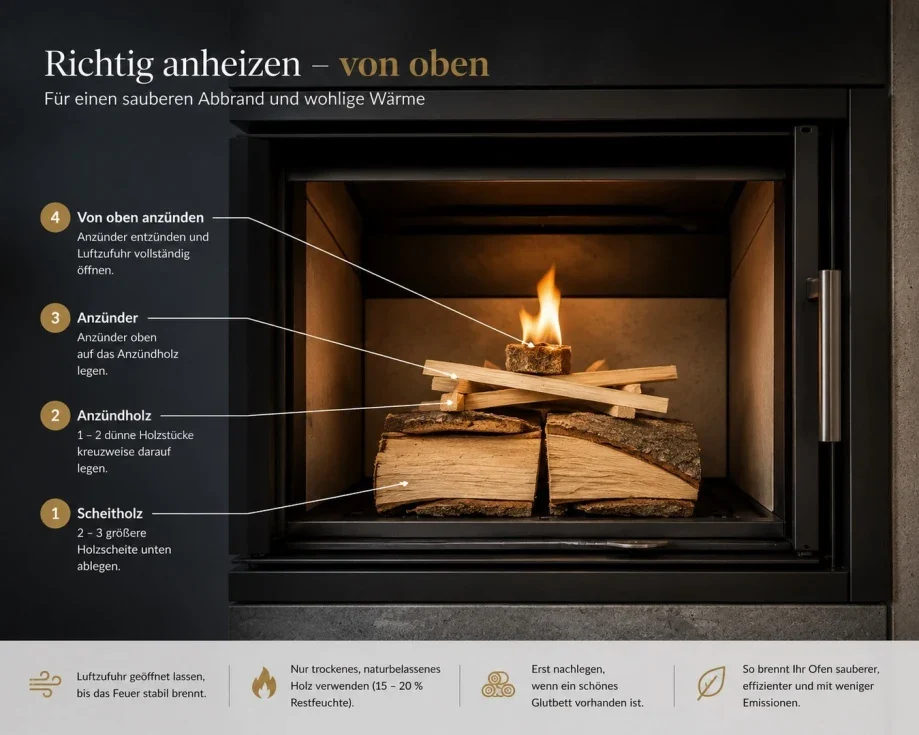 Schaubild zum Anheizen von oben mit geschichtetem Brennholz im Feuerraum. KI-generierte Illustration.