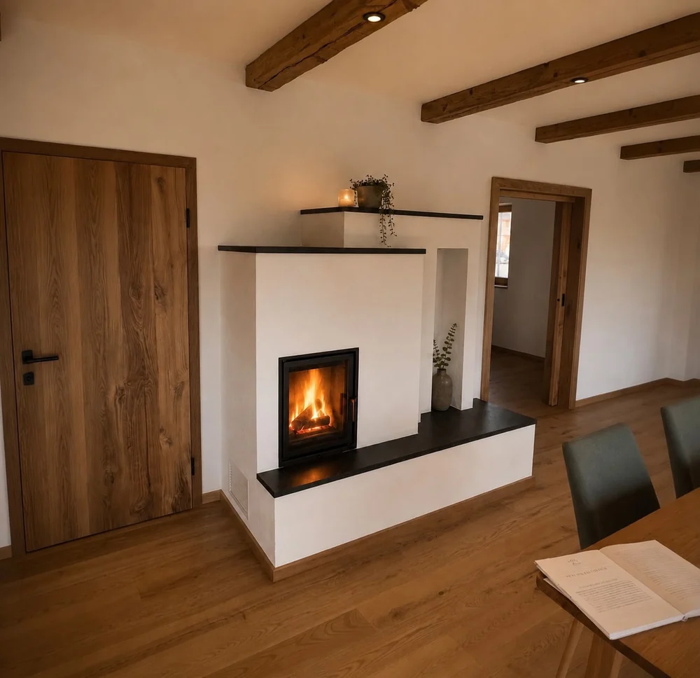 Weißer Ofen mit breiter Ofenbank und dunklen Abdeckungen im Raum mit Holzbalkendecke. Dekoration und Feuer mit KI bearbeitet.