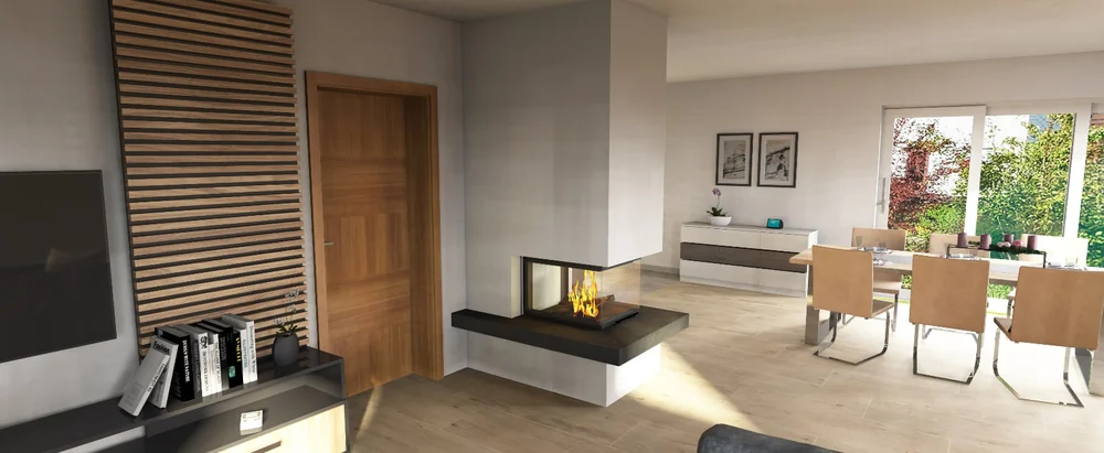 3D-Visualisierung eines Wohn- und Esszimmers mit verglastem Kamin als Raumteiler