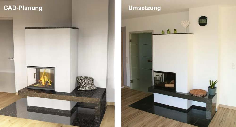 Vergleich: 3D-CAD-Planung links und fertige Umsetzung rechts, weißer Eckkamin mit dunkler Natursteinbank.