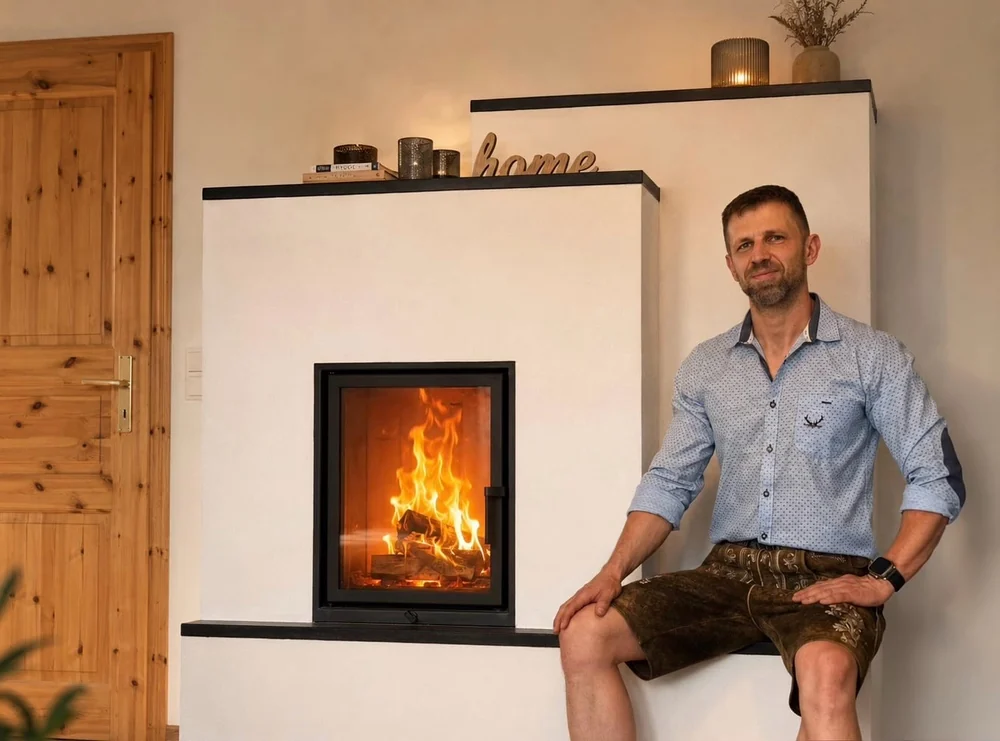 Ofenbaumeister Manuel Angermeier sitzt auf der Ofenbank neben einem weißen Ofen. Feuer und Dekoration mit KI bearbeitet.